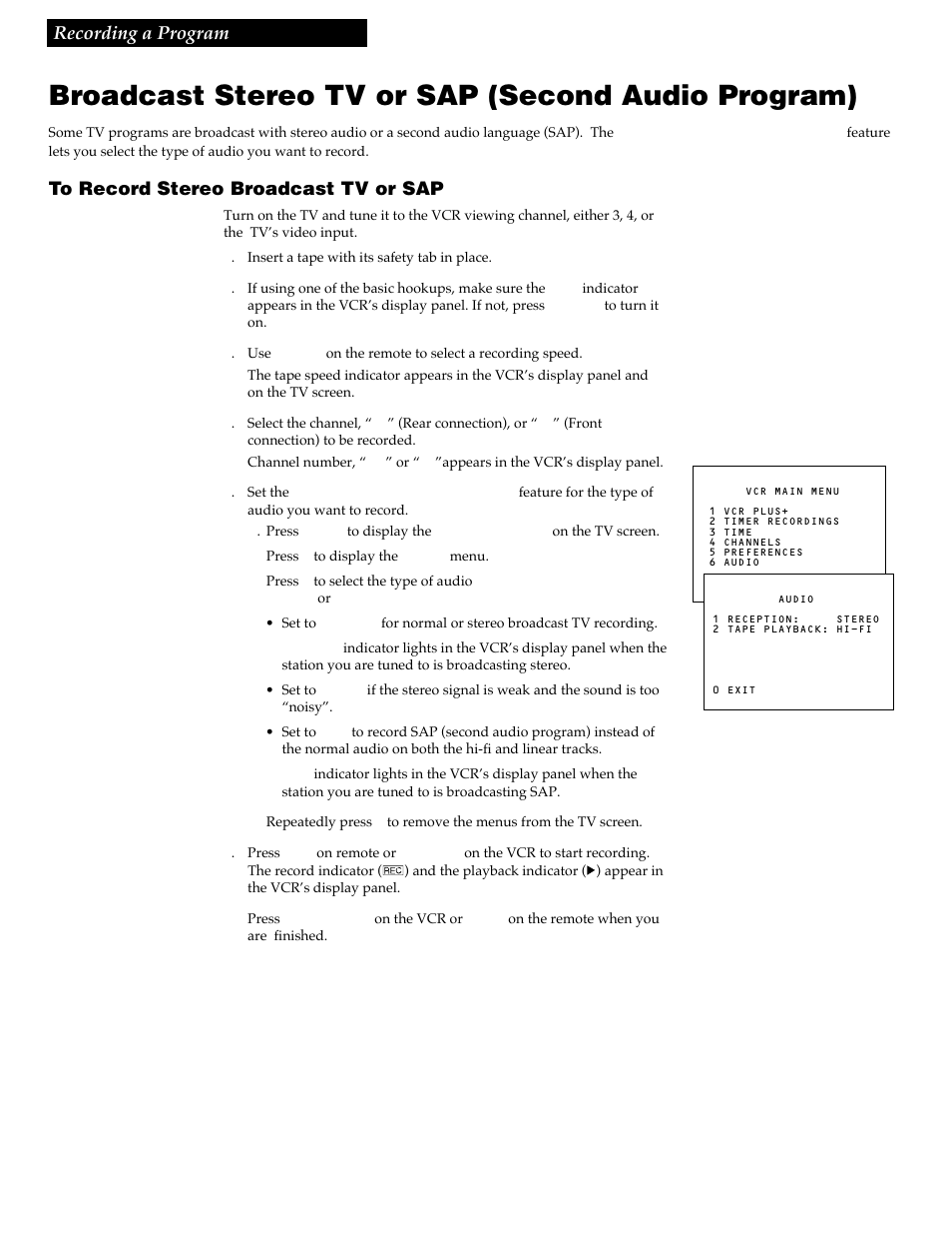 Broadcast stereo tv or sap, Broadcast stereo tv or sap (second audio program), Recording a program | RCA VR730HF User Manual | Page 42 / 58