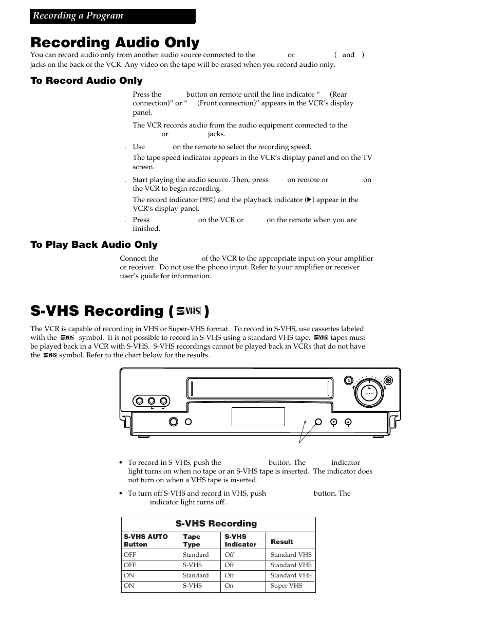 Recording audio only, S-vhs recording, S-vhs recording ( ) | 39 recording a program | RCA VR730HF User Manual | Page 43 / 58
