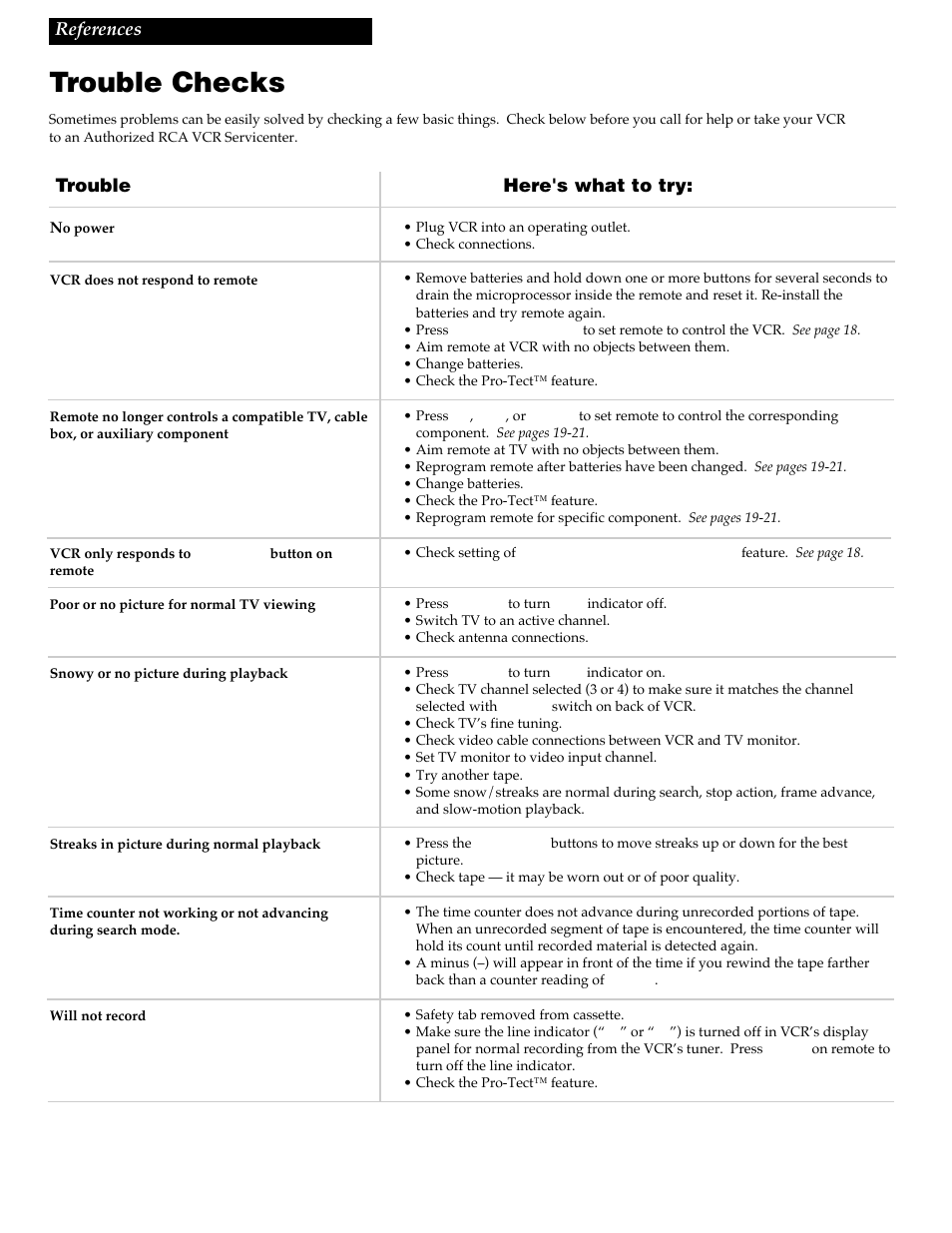 Trouble checks, 44 references, Trouble here's what to try | RCA VR730HF User Manual | Page 48 / 58