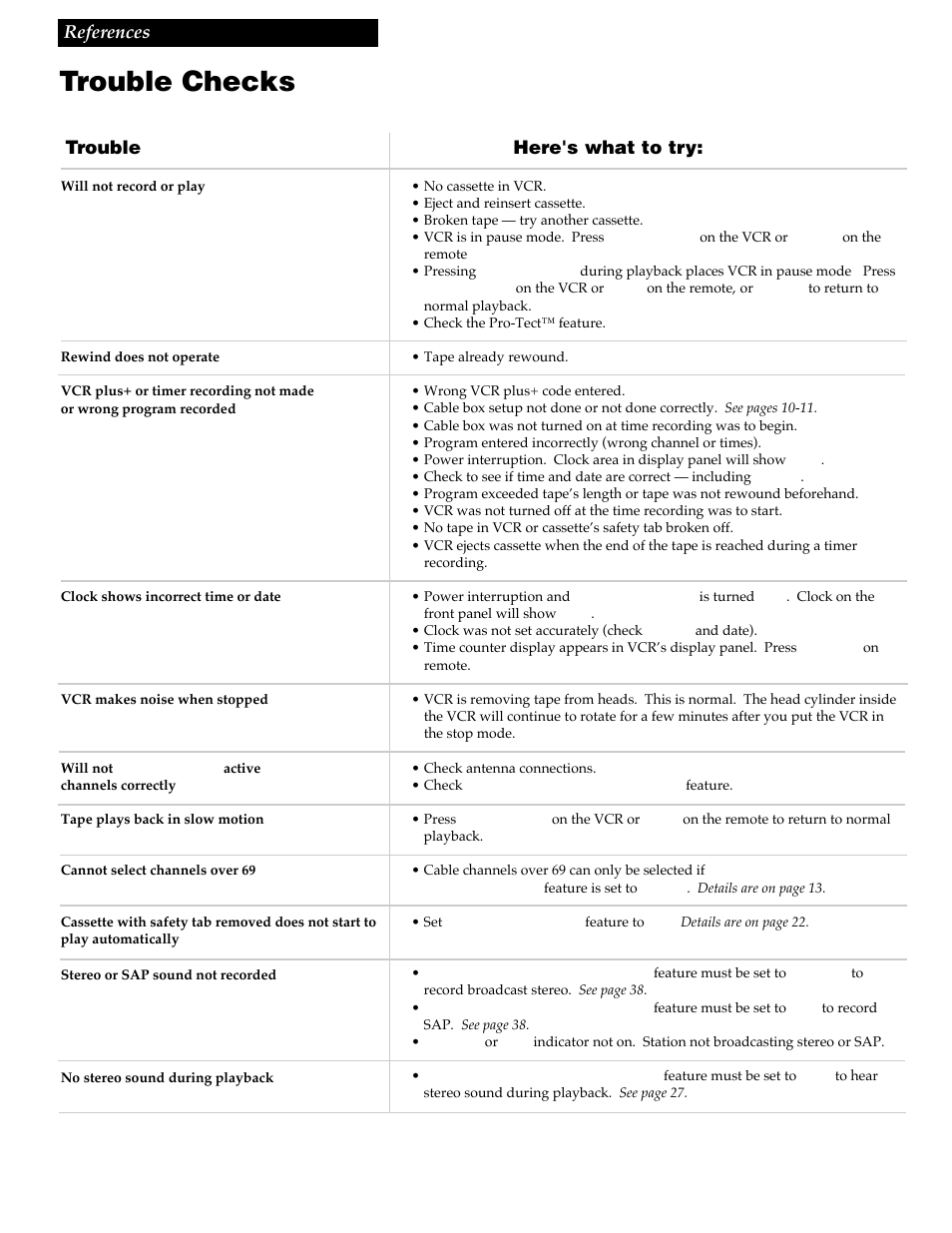 Trouble checks, References, Trouble here's what to try | RCA VR730HF User Manual | Page 49 / 58