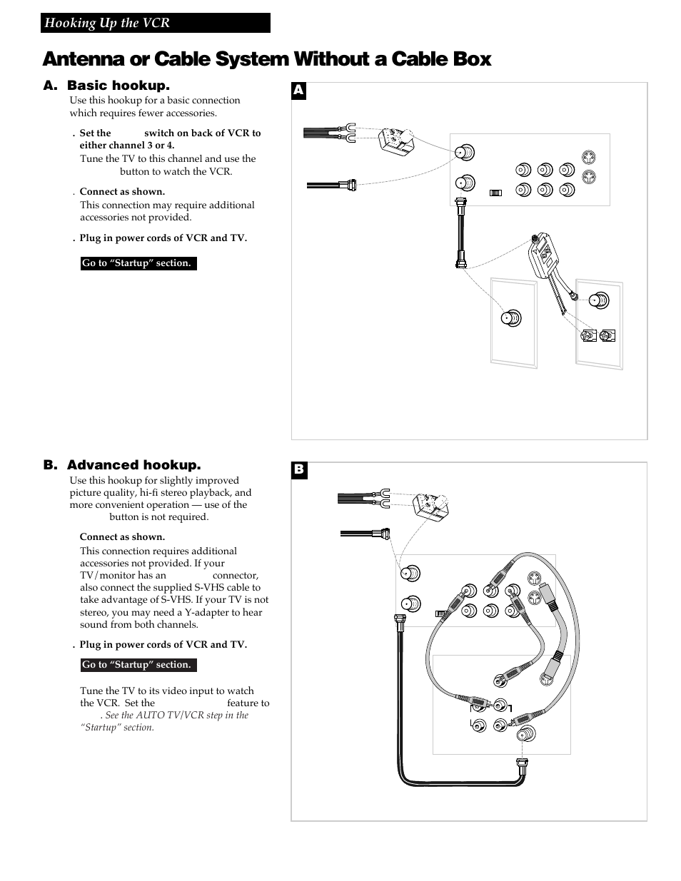 Antenna or cable system without a cable box, 3hooking up the vcr, A. basic hookup | B. advanced hookup | RCA VR730HF User Manual | Page 5 / 58