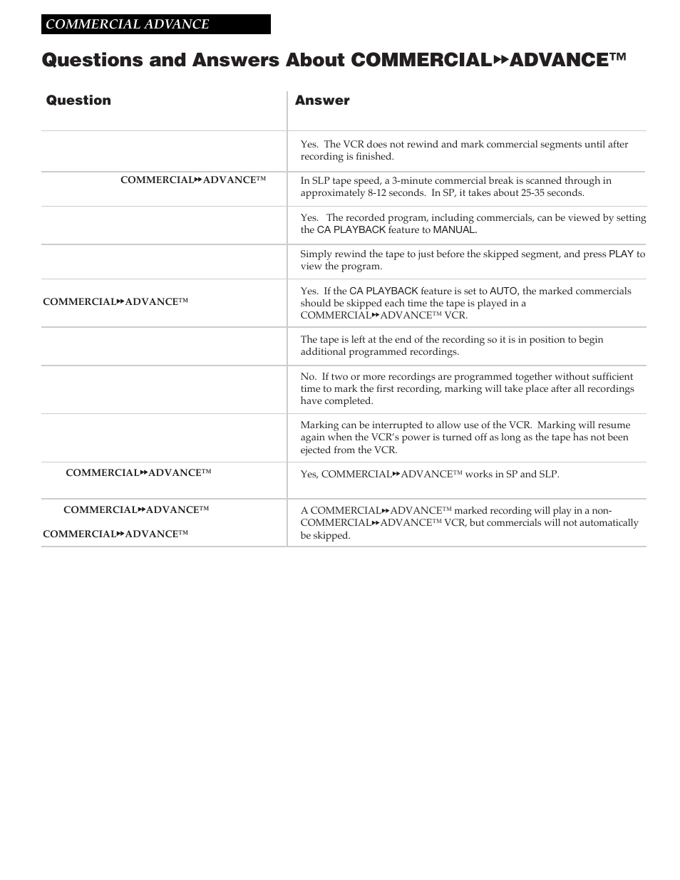 Questions and answers about commercial a a advance, Questions and answers about commercial, Advance | 47 commercial advance, Question answer | RCA VR730HF User Manual | Page 51 / 58