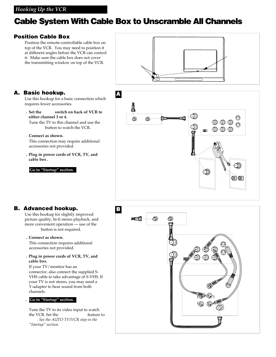 4hooking up the vcr, Position cable box, A. basic hookup | B. advanced hookup | RCA VR730HF User Manual | Page 6 / 58