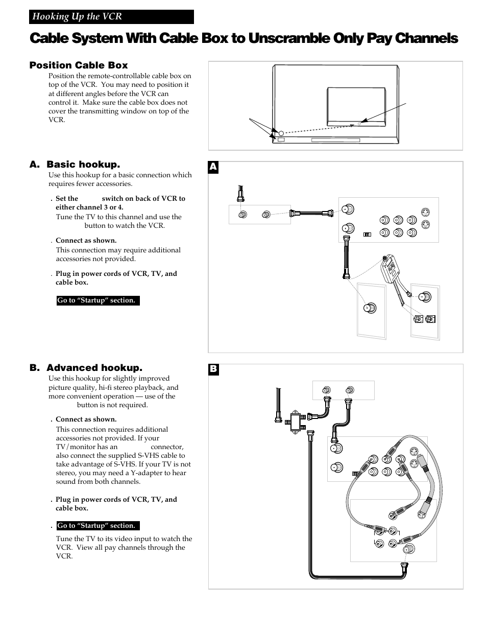 5hooking up the vcr, Position cable box, A. basic hookup | B. advanced hookup, Such as hbo, showtime, pay-per-view, etc.) | RCA VR730HF User Manual | Page 7 / 58