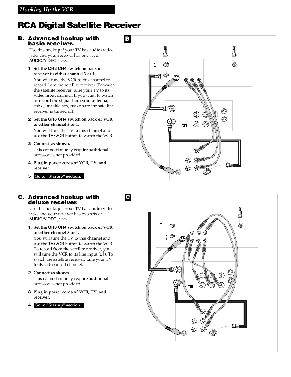 Rca digital satellite receiver, 7hooking up the vcr, B. advanced hookup with basic receiver | C. advanced hookup with deluxe receiver, Back of tv, Back of vcr back of satellite receiver | RCA VR730HF User Manual | Page 9 / 58