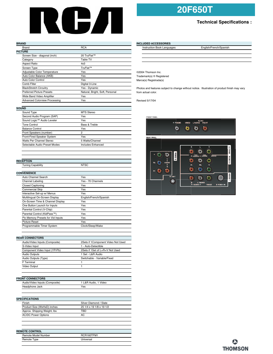 Technical specifications | RCA 20F650T User Manual | Page 2 / 2