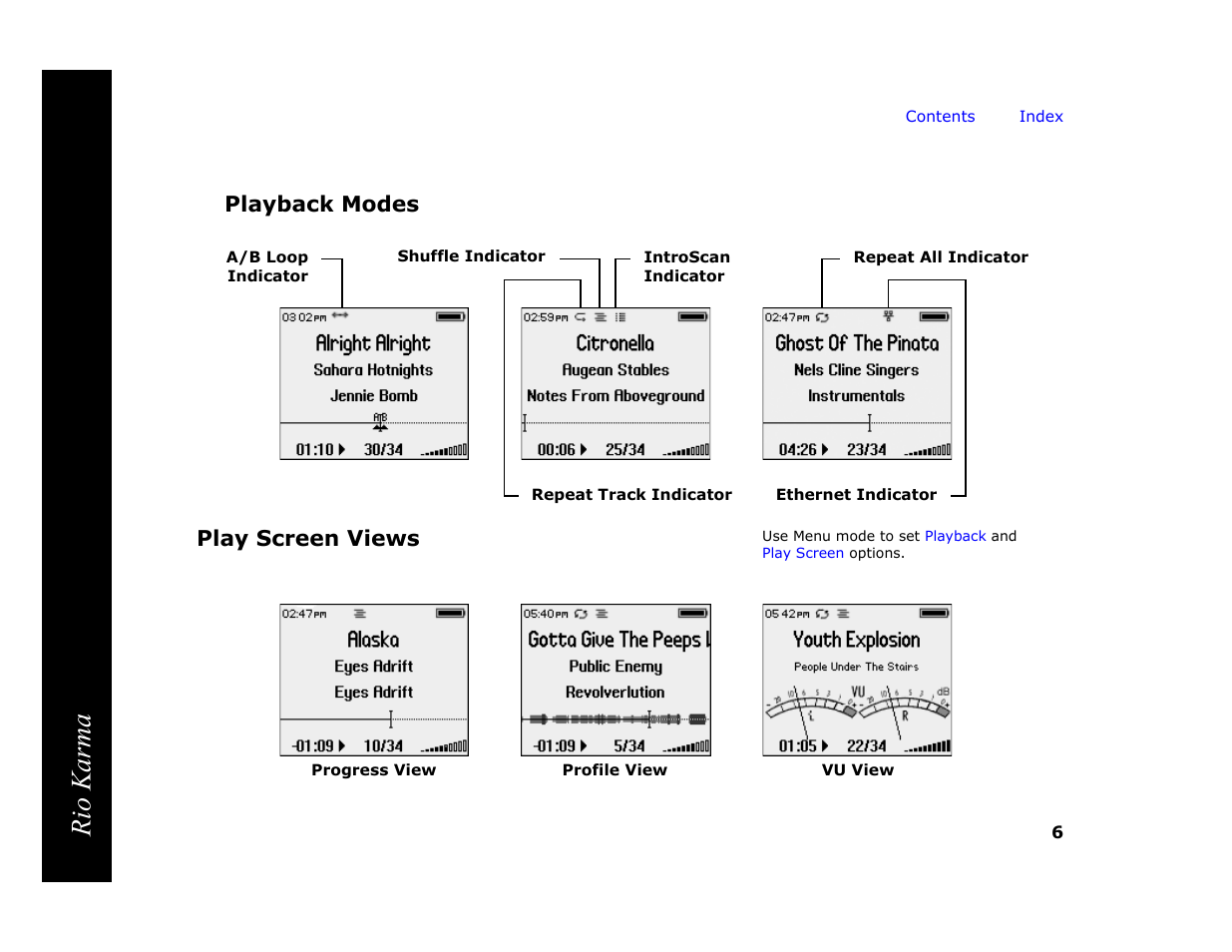 Playback modes, Play screen views, Rio karma | RCA Rio Karma User Manual | Page 10 / 75