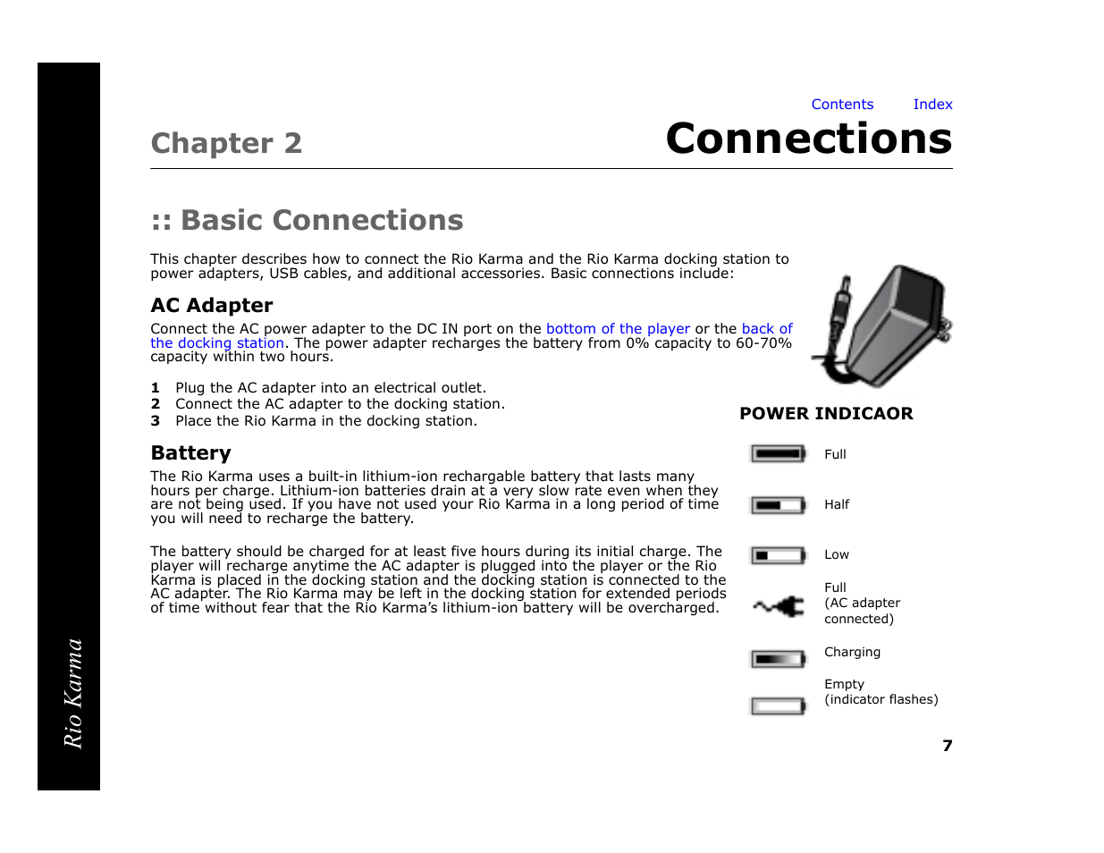 Chapter 2 connections, Basic connections, Ac adapter | 1 plug the ac adapter into an electrical outlet, 2 connect the ac adapter to the docking station, 3 place the rio karma in the docking station, Battery, Connections, 2 - connections, Chapter 2 | RCA Rio Karma User Manual | Page 11 / 75