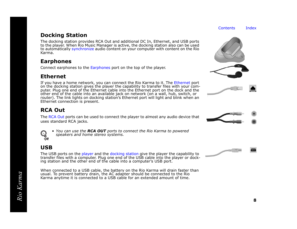 Docking station, Earphones, Ethernet | Rca out, Rio karma | RCA Rio Karma User Manual | Page 12 / 75