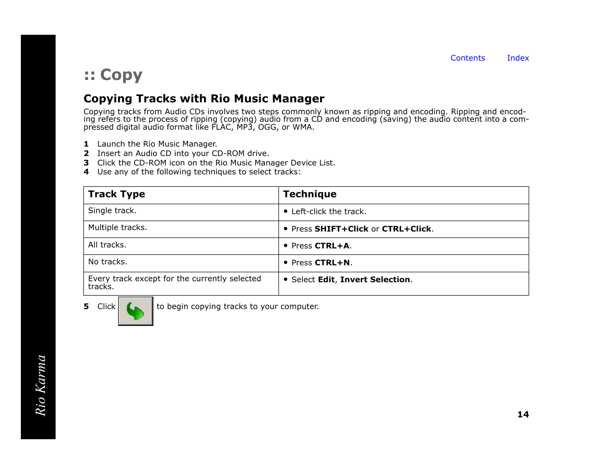 Copy, Copying tracks with rio music manager, 1 launch the rio music manager | 2 insert an audio cd into your cd-rom drive, 5 click to begin copying tracks to your computer, Rio karma | RCA Rio Karma User Manual | Page 18 / 75