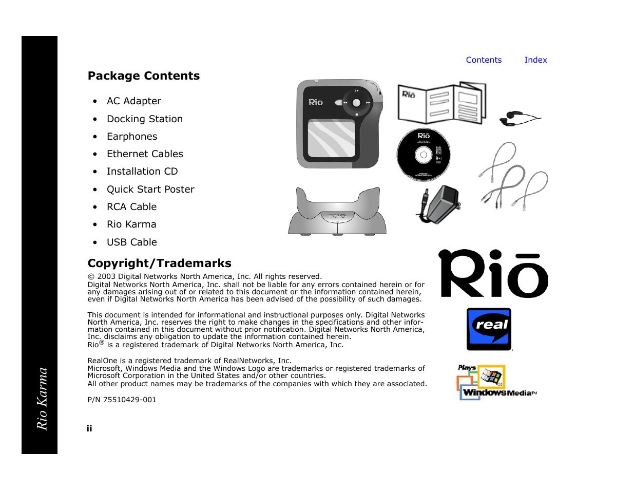 Package contents, Copyright/trademarks, Rio karma | Package contents copyright/trademarks | RCA Rio Karma User Manual | Page 2 / 75