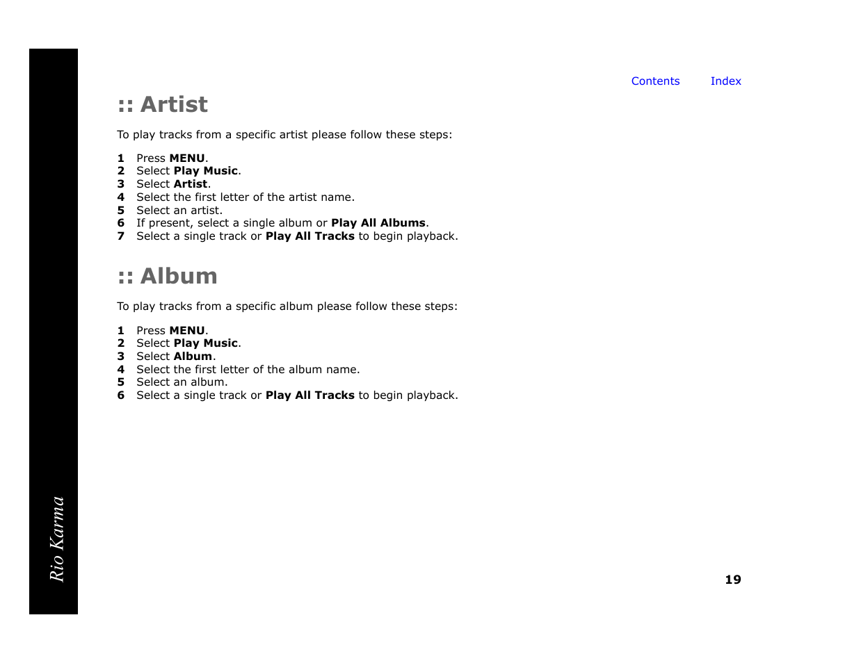 Artist, 1 press menu, 2 select play music | 3 select artist, 4 select the first letter of the artist name, 5 select an artist, Album, 3 select album, 4 select the first letter of the album name, 5 select an album | RCA Rio Karma User Manual | Page 23 / 75