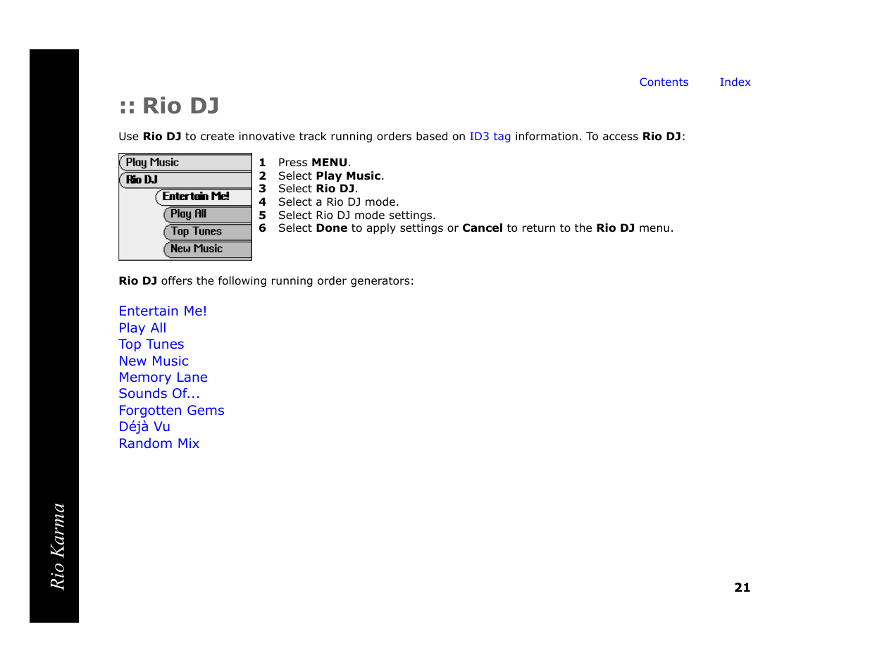 Rio dj, 1 press menu, 2 select play music | 3 select rio dj, 4 select a rio dj mode, 5 select rio dj mode settings, Rio karma | RCA Rio Karma User Manual | Page 25 / 75