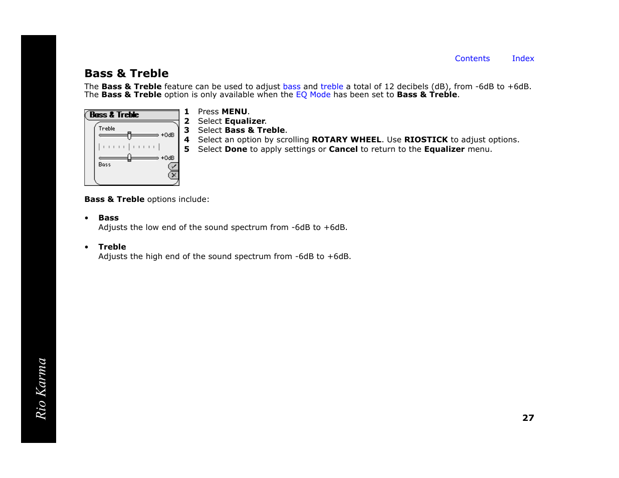 Bass & treble, 1 press menu, 2 select equalizer | 3 select bass & treble, Rio karma | RCA Rio Karma User Manual | Page 31 / 75