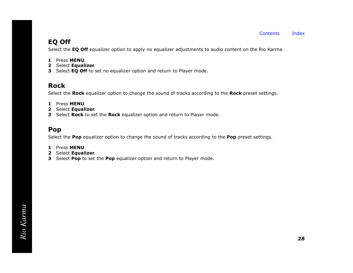 Eq off, 1 press menu, 2 select equalizer | Rock, Eq off rock, Rio karma | RCA Rio Karma User Manual | Page 32 / 75
