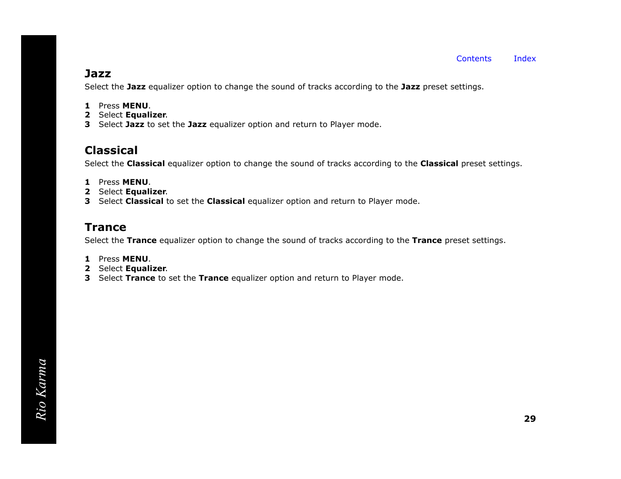 Jazz, 1 press menu, 2 select equalizer | Classical, Trance, Jazz classical trance, Rio karma | RCA Rio Karma User Manual | Page 33 / 75