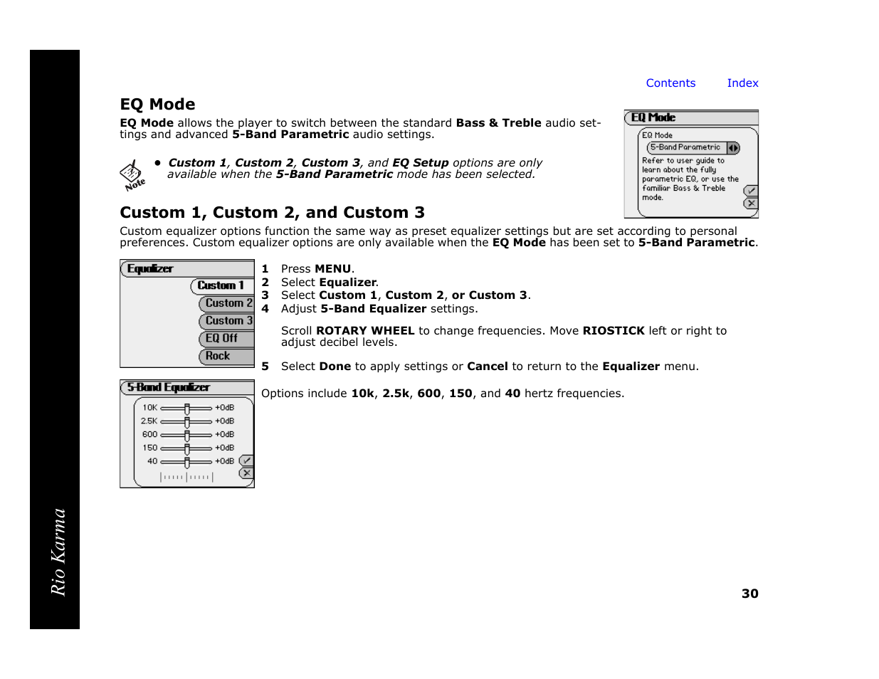 Eq mode, Custom 1, custom 2, and custom 3, 1 press menu | 2 select equalizer, 3 select custom 1, custom 2, or custom 3, Eq mode custom, Ble when the, Has been, Rio karma | RCA Rio Karma User Manual | Page 34 / 75