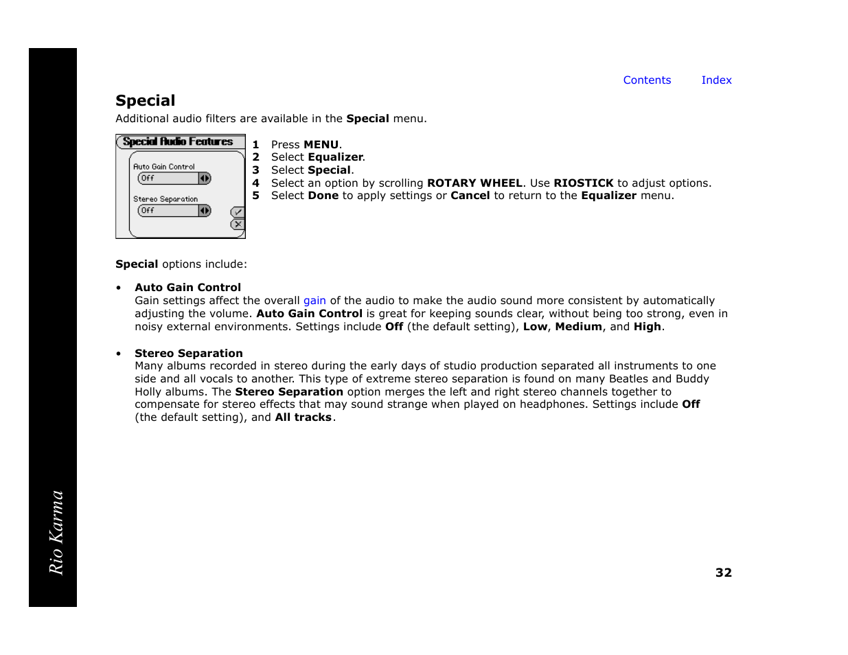 Special, 1 press menu, 2 select equalizer | 3 select special, Rio karma | RCA Rio Karma User Manual | Page 36 / 75