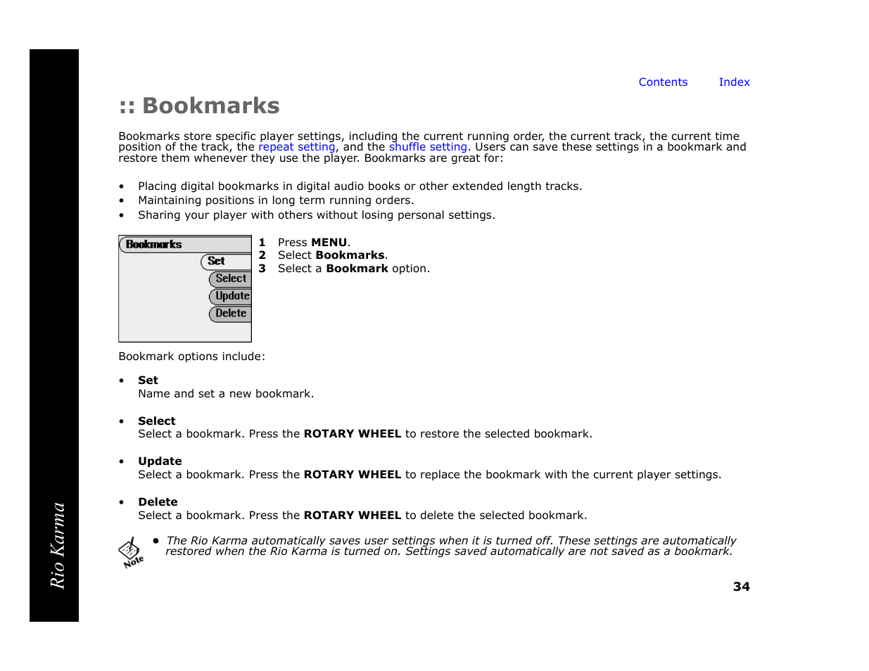 Bookmarks, 1 press menu, 2 select bookmarks | 3 select a bookmark option, Rio karma | RCA Rio Karma User Manual | Page 38 / 75