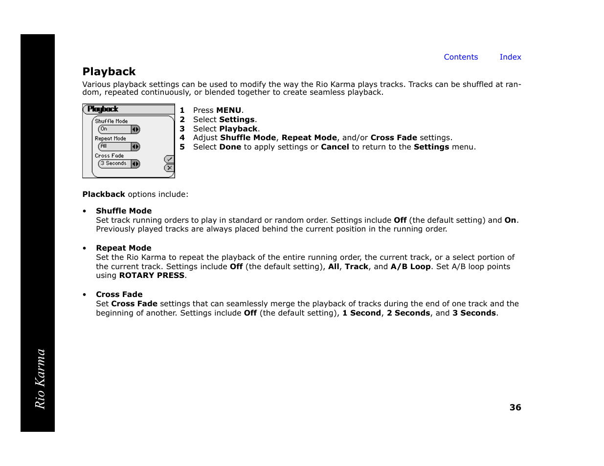 Playback, 1 press menu, 2 select settings | 3 select playback, A/b loop, Repeat setting, Shuffle setting, Users can sa, Rio karma | RCA Rio Karma User Manual | Page 40 / 75