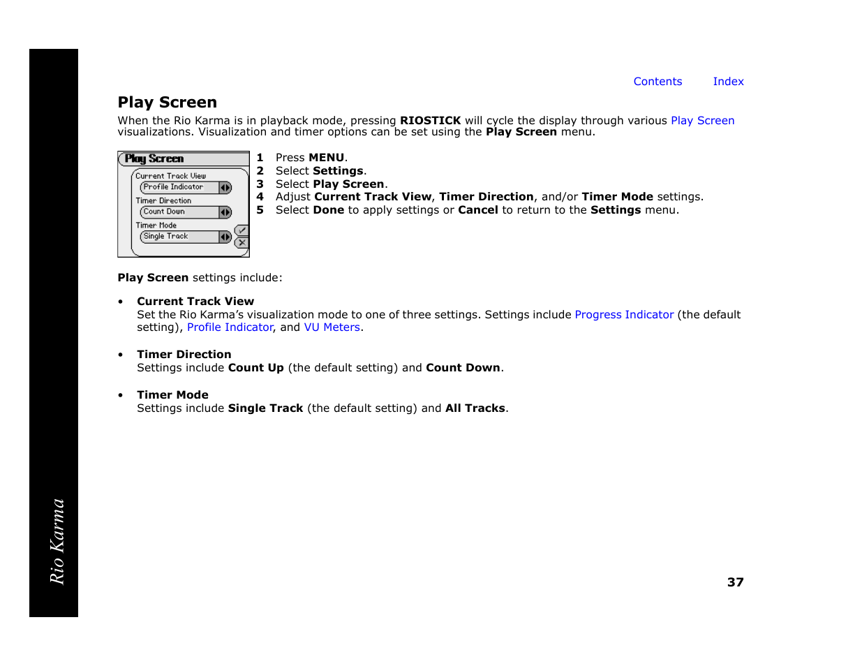 Play screen, 1 press menu, 2 select settings | 3 select play screen, Rough, Play screens, In menu, Rio karma | RCA Rio Karma User Manual | Page 41 / 75