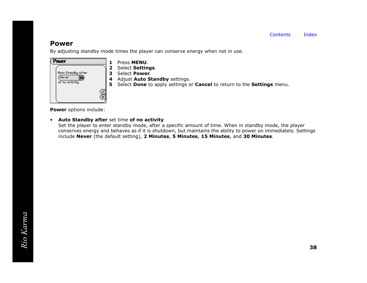 Power, 1 press menu, 2 select settings | 3 select power, 4 adjust auto standby settings, Rio karma | RCA Rio Karma User Manual | Page 42 / 75