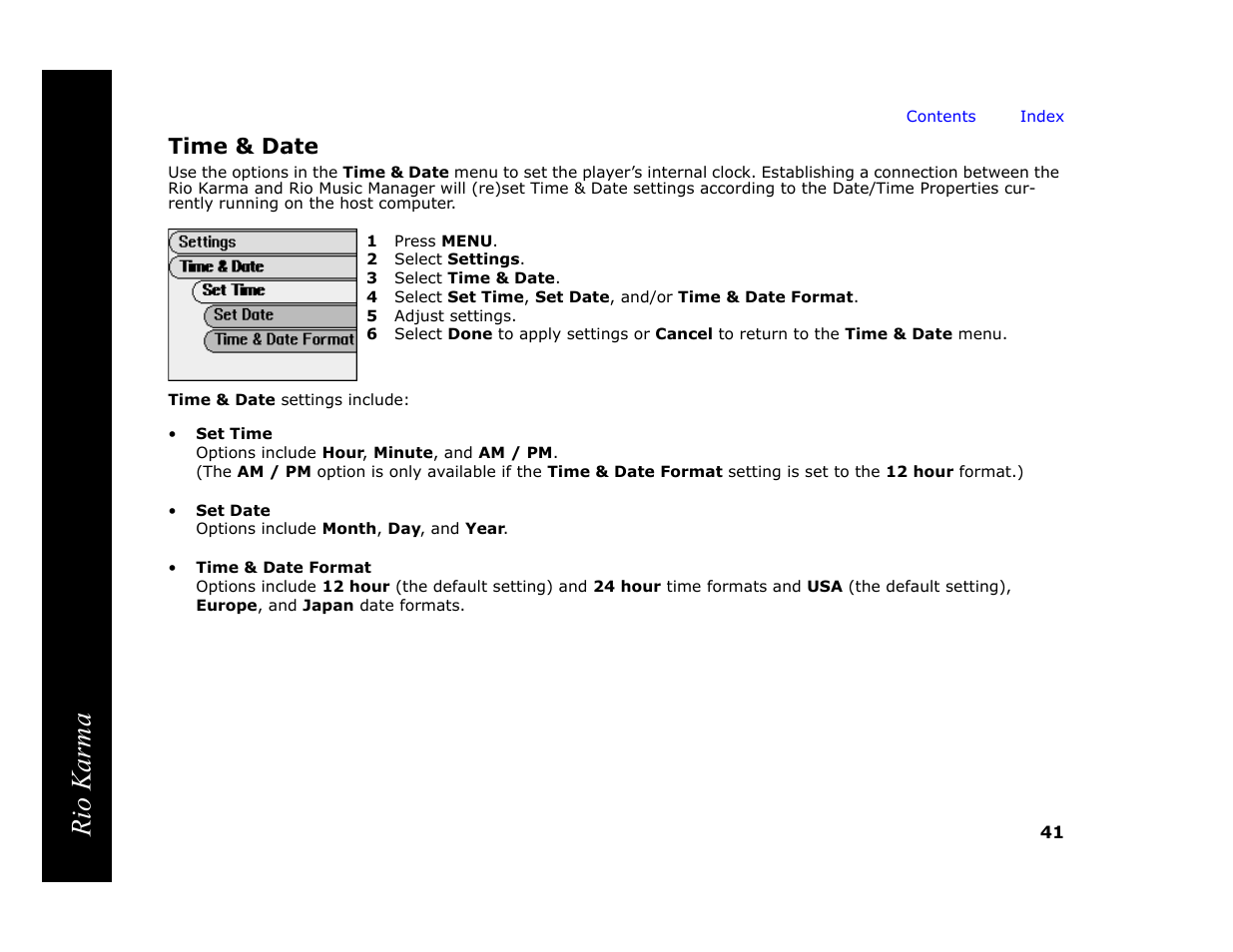 Time & date, 1 press menu, 2 select settings | 3 select time & date, 5 adjust settings, Rio karma | RCA Rio Karma User Manual | Page 45 / 75