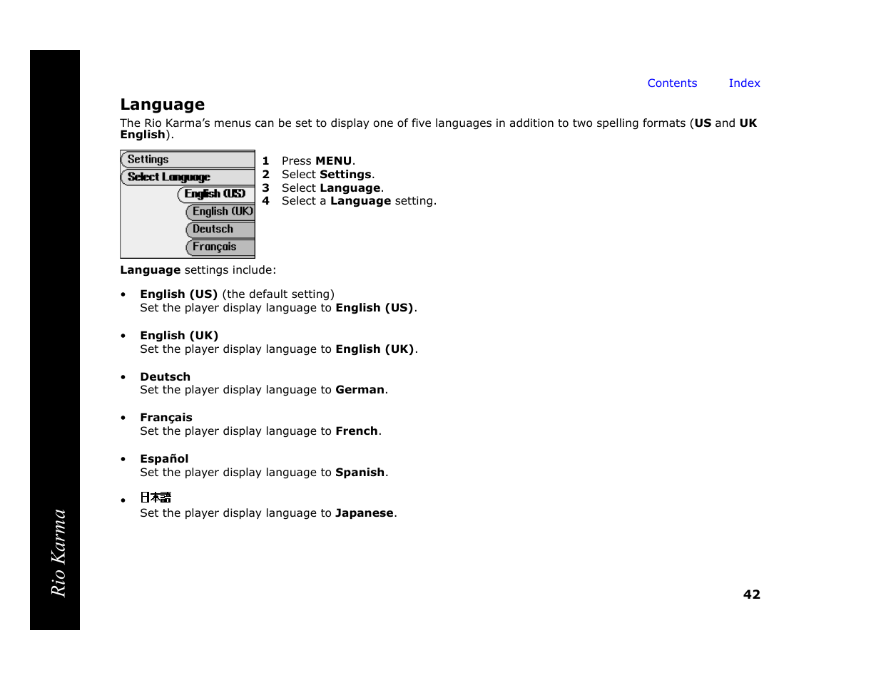 Language, 1 press menu, 2 select settings | 3 select language, 4 select a language setting, Rio karma | RCA Rio Karma User Manual | Page 46 / 75