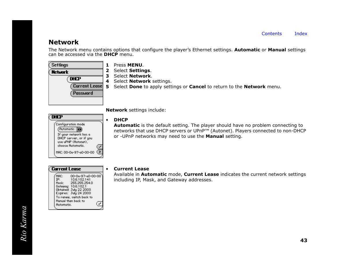 Network, 1 press menu, 2 select settings | 3 select network, 4 select network settings, Rio karma | RCA Rio Karma User Manual | Page 47 / 75
