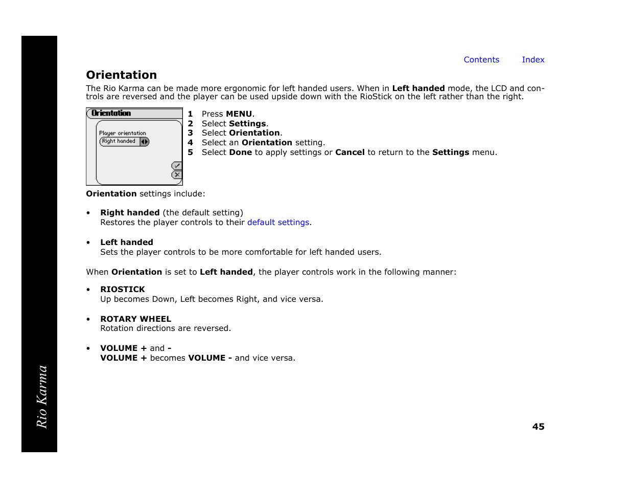 Orientation, 1 press menu, 2 select settings | 3 select orientation, 4 select an orientation setting, Rio karma | RCA Rio Karma User Manual | Page 49 / 75