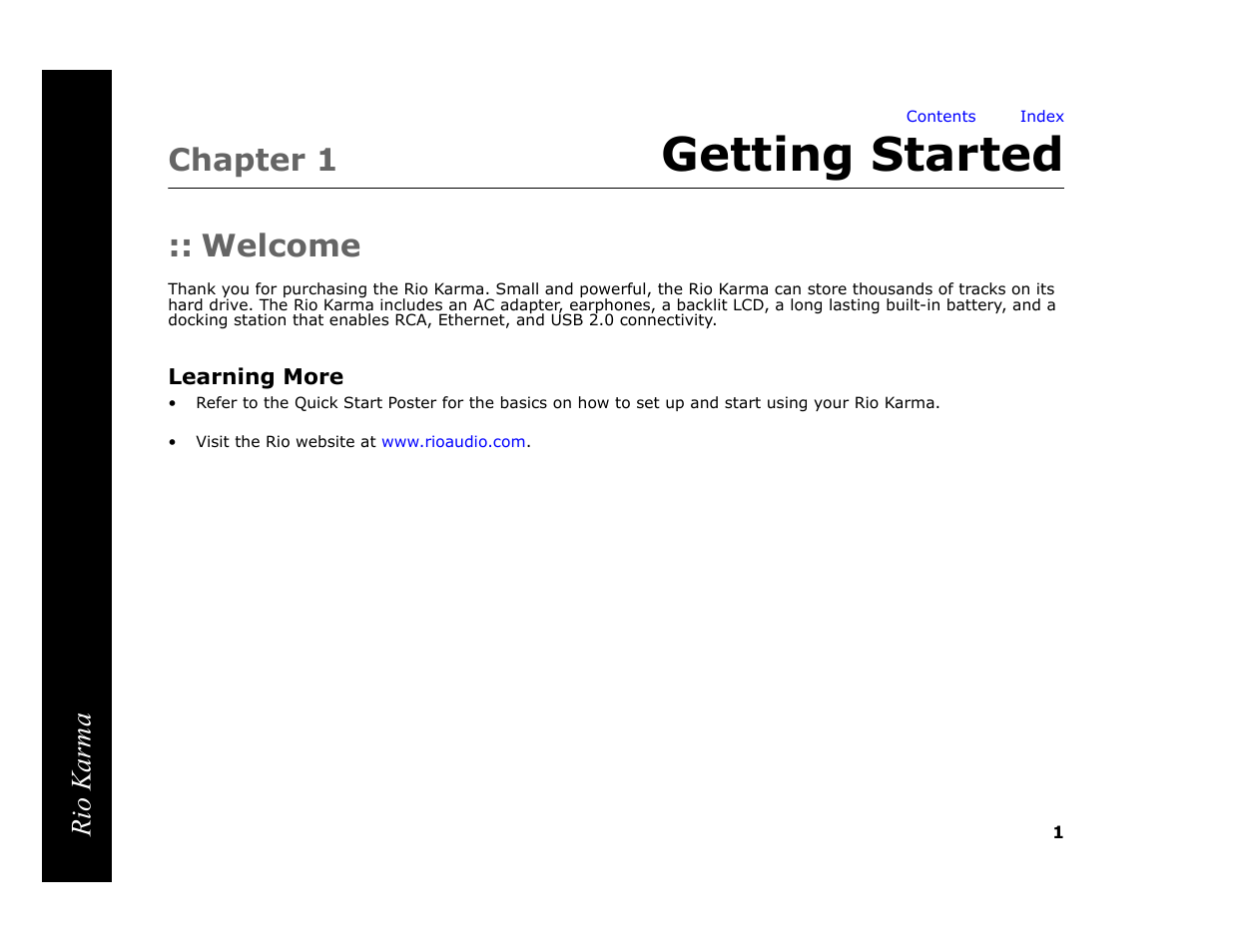 Chapter 1 getting started, Welcome, Learning more | Getting started, 1 - getting started, Chapter 1, Rio karma | RCA Rio Karma User Manual | Page 5 / 75