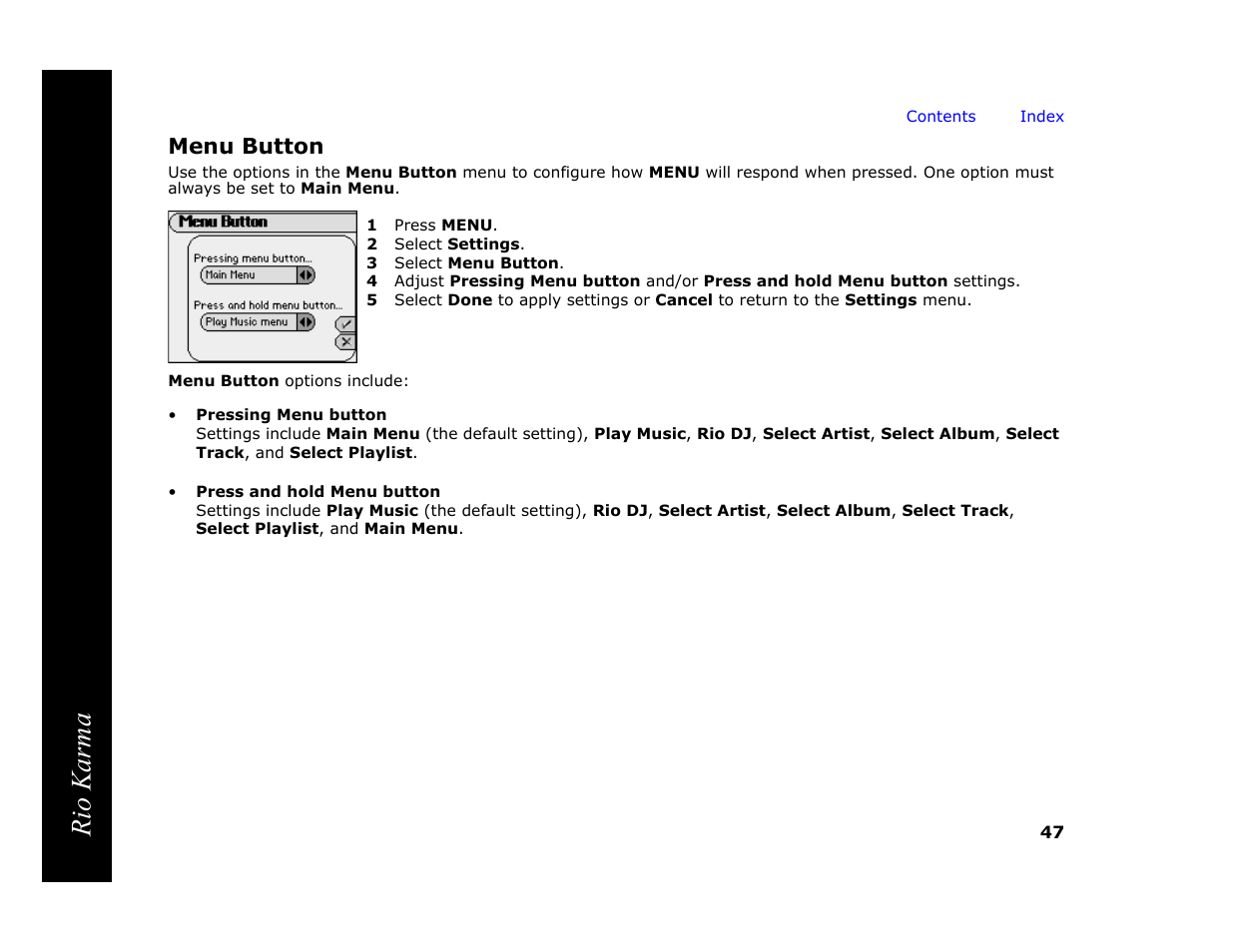 Menu button, 1 press menu, 2 select settings | 3 select menu button, Rio karma | RCA Rio Karma User Manual | Page 51 / 75