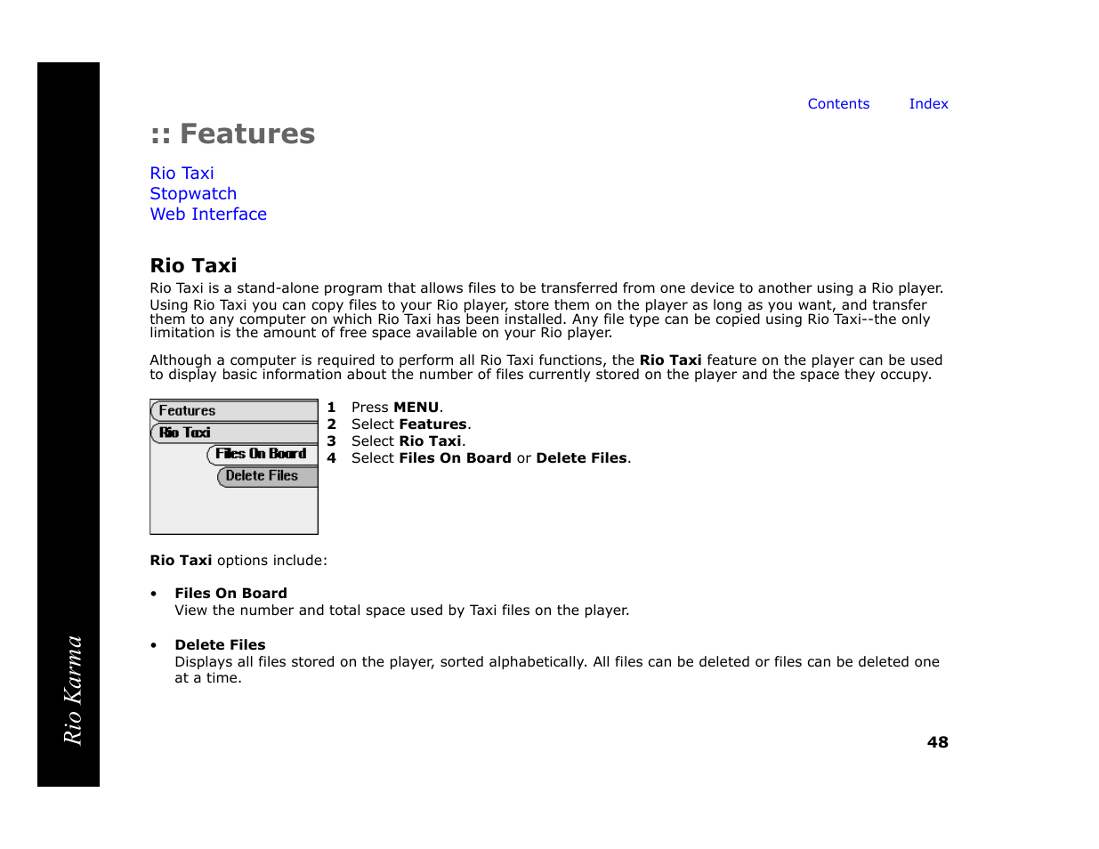 Features, Rio taxi, 1 press menu | 2 select features, 3 select rio taxi, 4 select files on board or delete files, Rio karma | RCA Rio Karma User Manual | Page 52 / 75