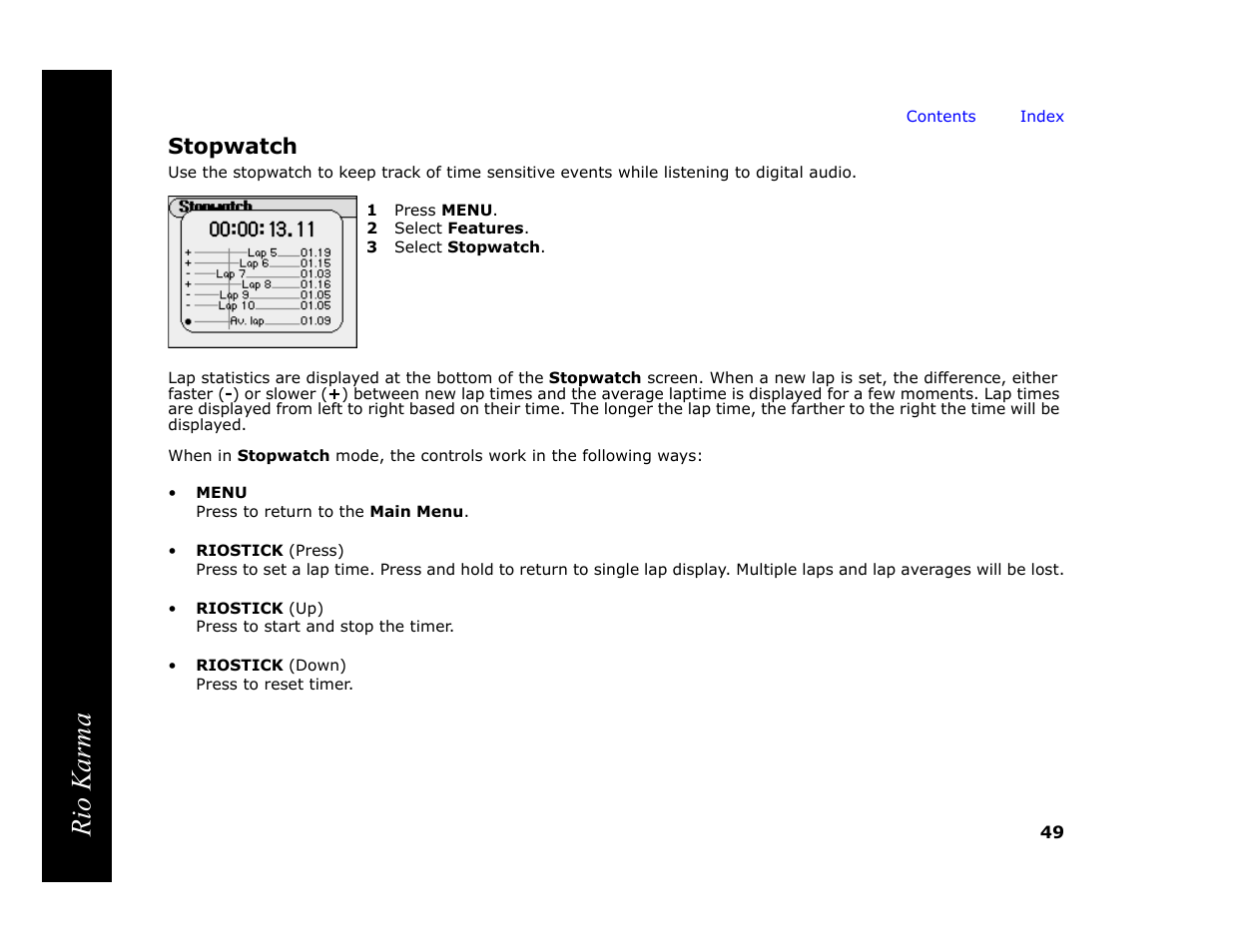 Stopwatch, 1 press menu, 2 select features | 3 select stopwatch, Rio karma | RCA Rio Karma User Manual | Page 53 / 75