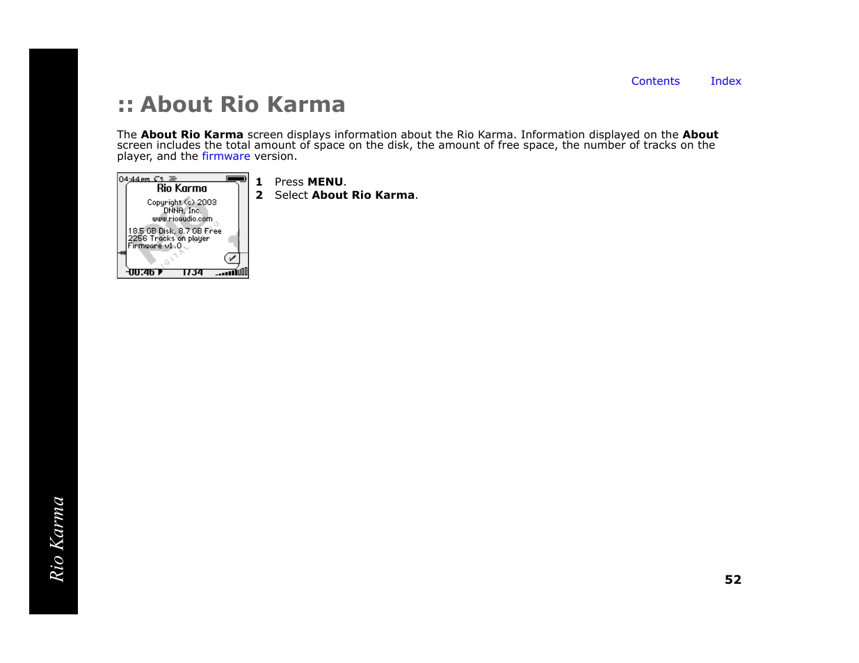 About rio karma, 1 press menu, 2 select about rio karma | Rio karma | RCA Rio Karma User Manual | Page 56 / 75