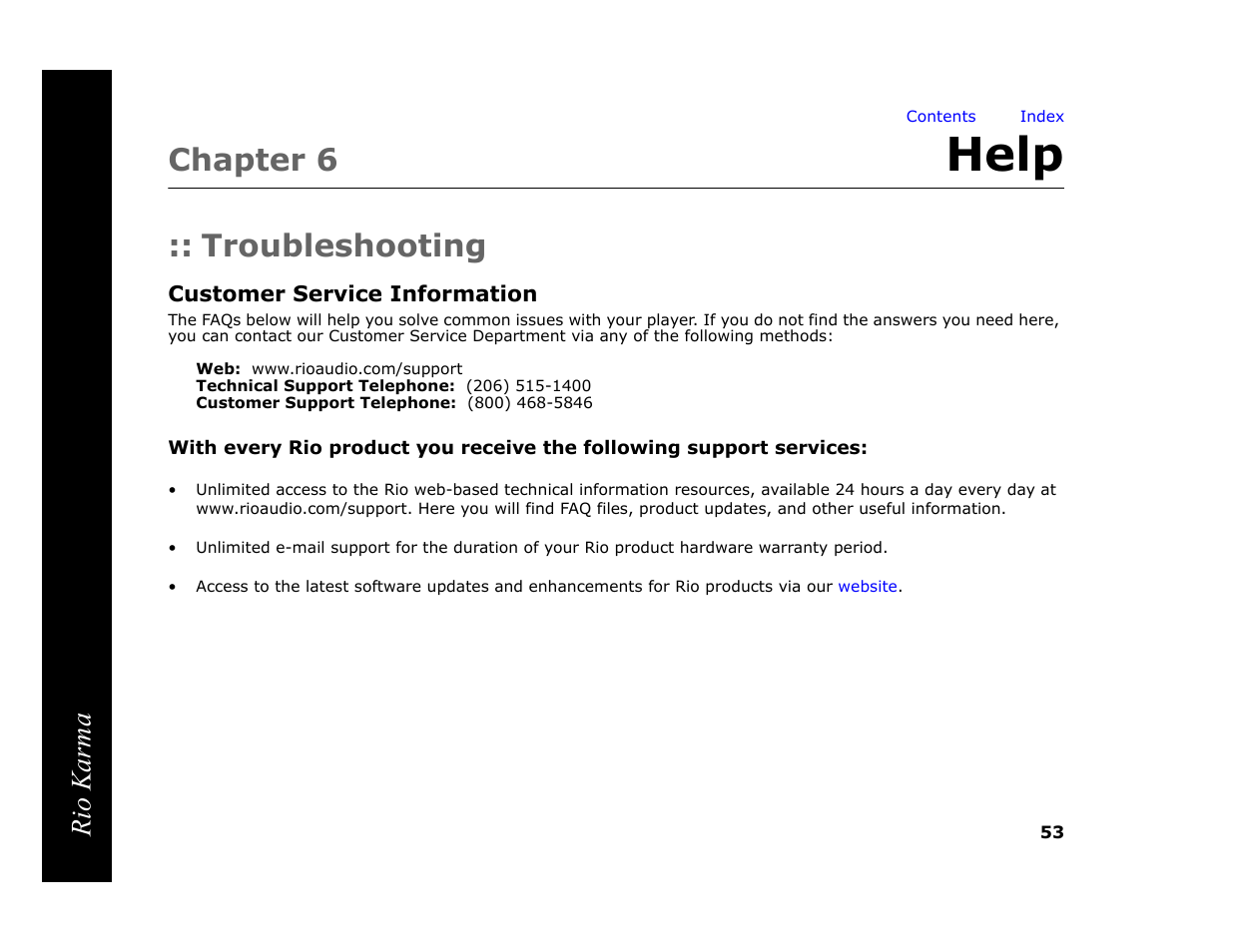 Chapter 6 help, Troubleshooting, Customer service information | Technical support telephone, Customer support telephone, Help, 6 - help, Chapter 6, Rio karma | RCA Rio Karma User Manual | Page 57 / 75