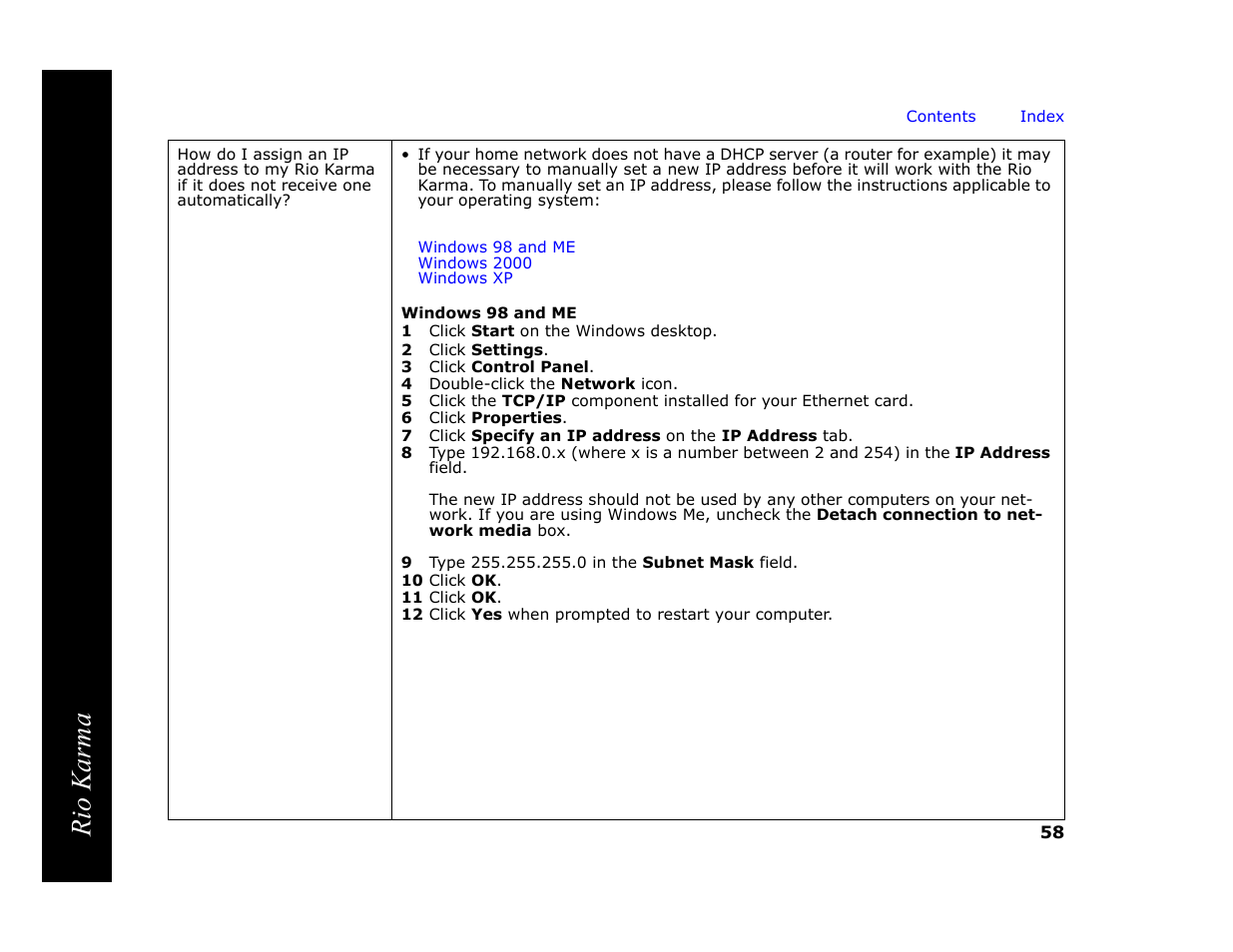 1 click start on the windows desktop, 2 click settings, 3 click control panel | 4 double-click the network icon, 6 click properties, 9 type 255.255.255.0 in the subnet mask field, 10 click ok, 11 click ok, Rio karma | RCA Rio Karma User Manual | Page 62 / 75