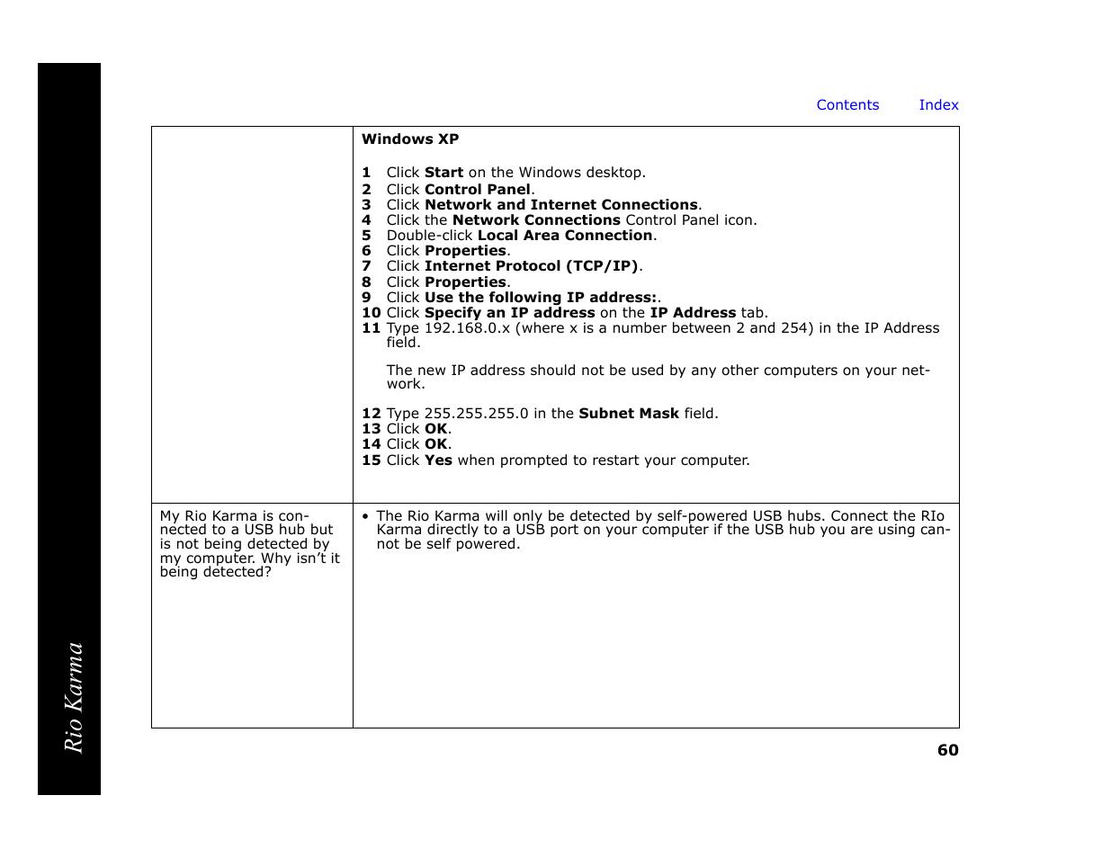 1 click start on the windows desktop, 2 click control panel, 3 click network and internet connections | 4 click the network connections control panel icon, 5 double-click local area connection, 6 click properties, 7 click internet protocol (tcp/ip), 8 click properties, 9 click use the following ip address, 12 type 255.255.255.0 in the subnet mask field | RCA Rio Karma User Manual | Page 64 / 75