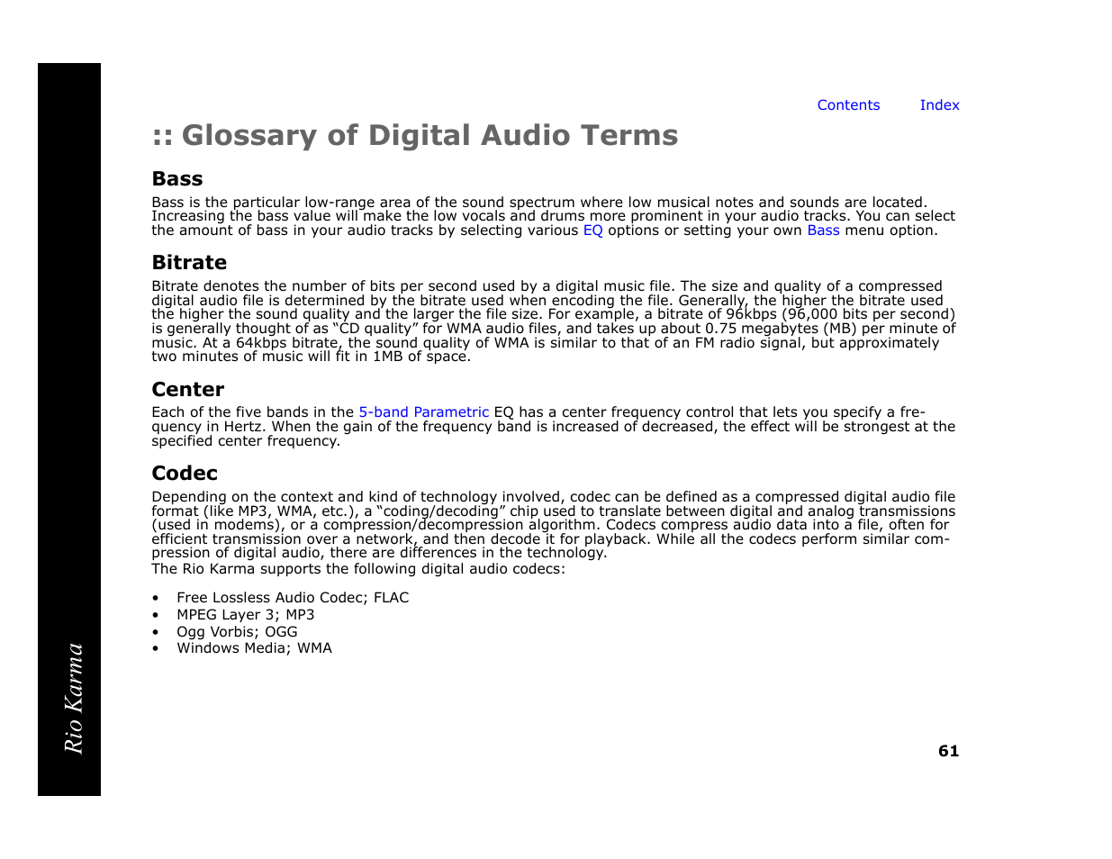 Glossary of digital audio terms, Bass, Bitrate | Center, Codec, Customization based on, Rio karma | RCA Rio Karma User Manual | Page 65 / 75