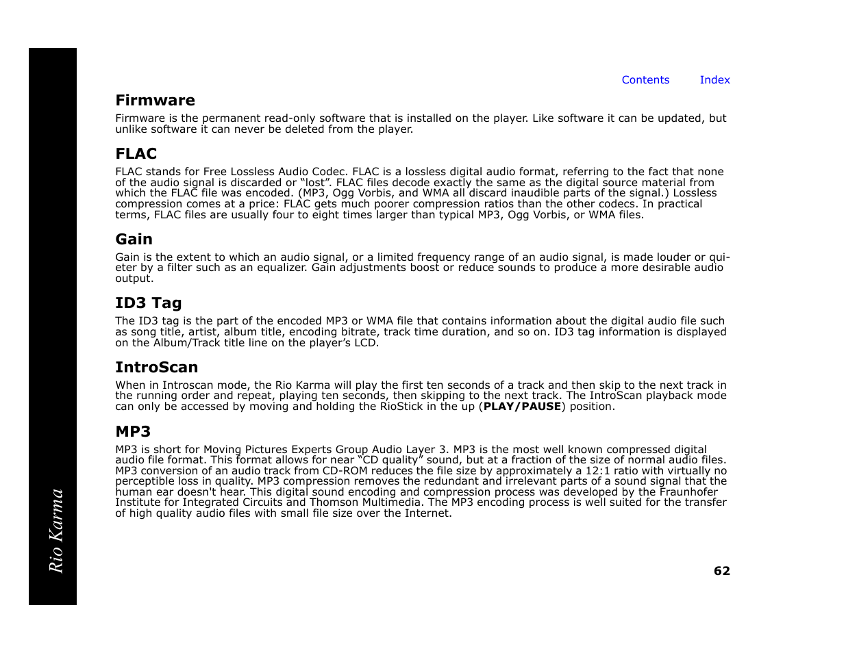 Firmware, Flac, Gain | Id3 tag, Introscan, Information on di, Rio karma | RCA Rio Karma User Manual | Page 66 / 75