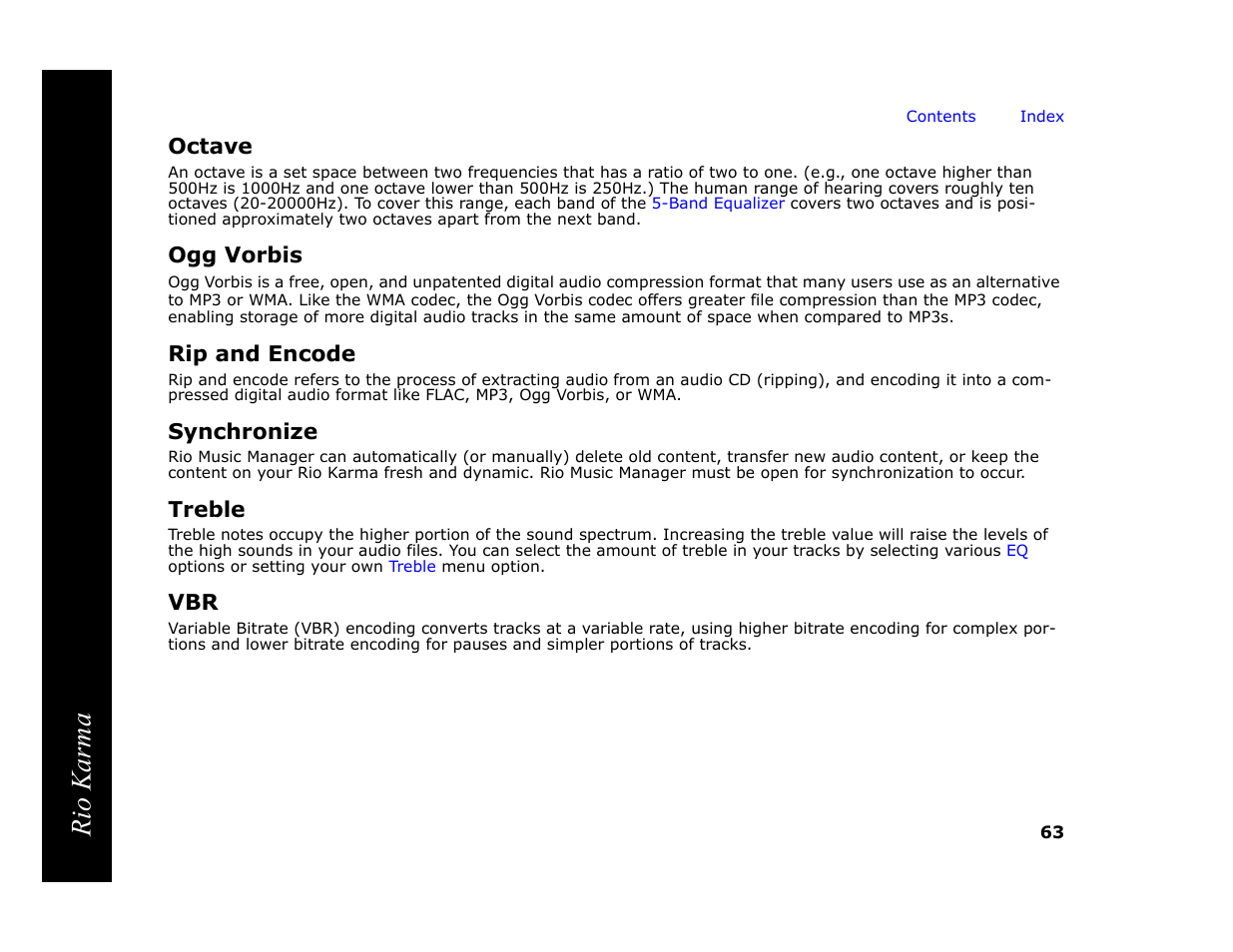 Octave, Ogg vorbis, Rip and encode | Synchronize, Treble, Ally, Octaves, Rio karma | RCA Rio Karma User Manual | Page 67 / 75