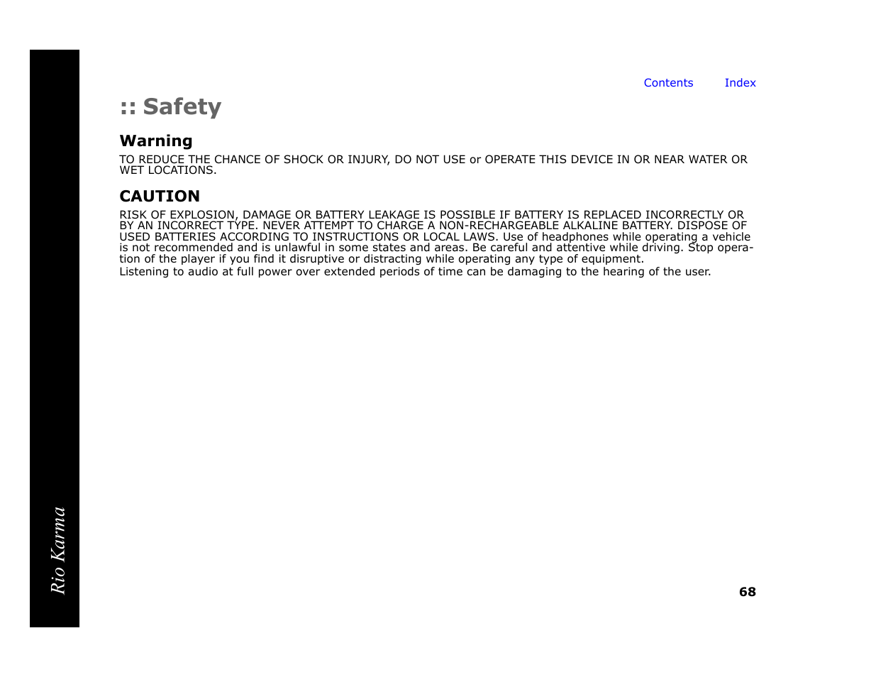 Safety, Warning, Caution | Rio karma | RCA Rio Karma User Manual | Page 72 / 75