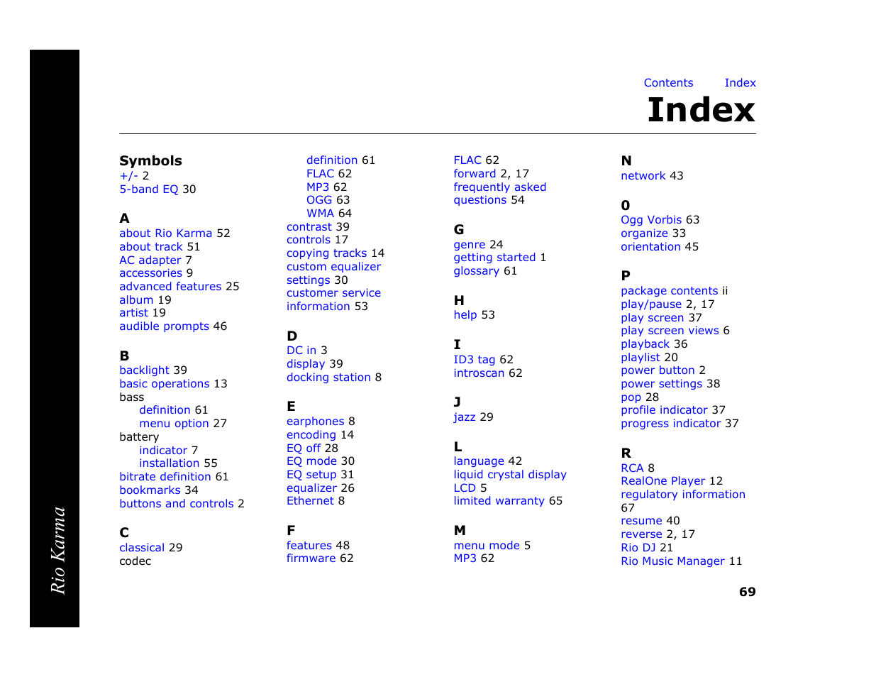 Index, Symbols, Rio karma | RCA Rio Karma User Manual | Page 73 / 75