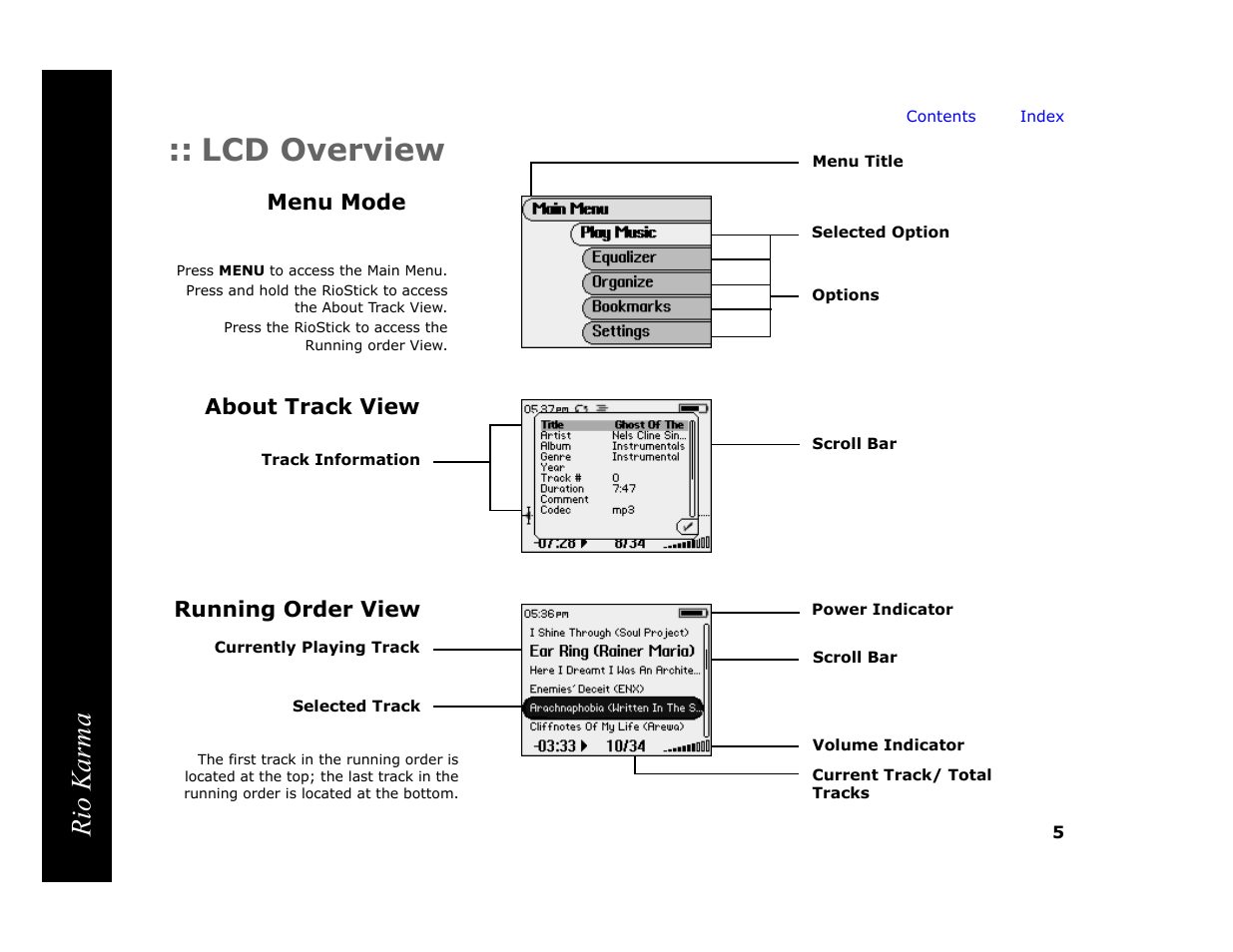 Lcd overview, Running order view, About track view | Menu mode, Enter, Menu, Rio karma, Menu mode running order view | RCA Rio Karma User Manual | Page 9 / 75