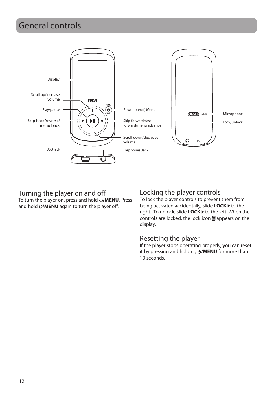 General controls, Turning the player on and off, Locking the player controls | Resetting the player | RCA M4102 User Manual | Page 12 / 29