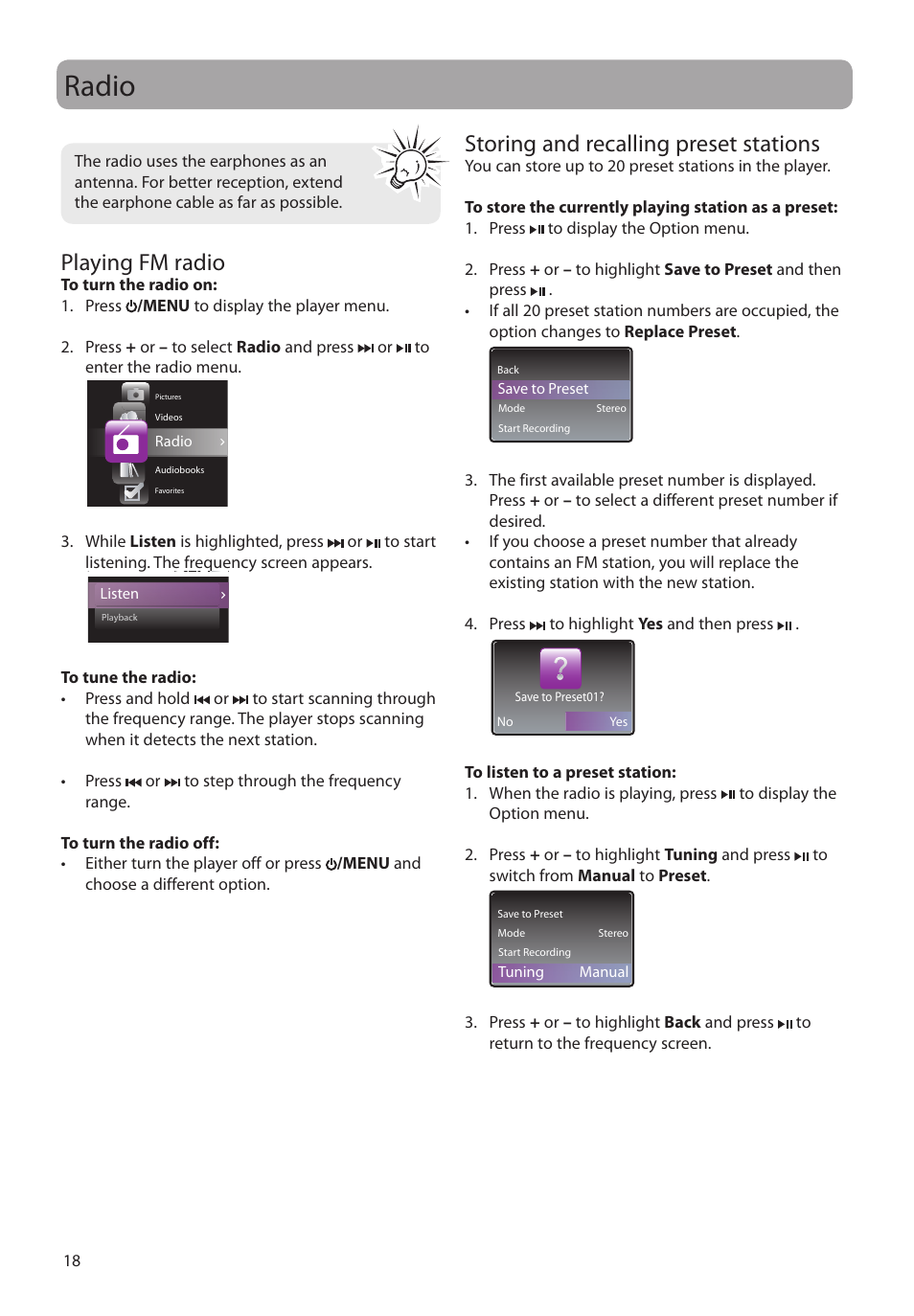 Radio, Playing fm radio, Storing and recalling preset stations | RCA M4102 User Manual | Page 18 / 29
