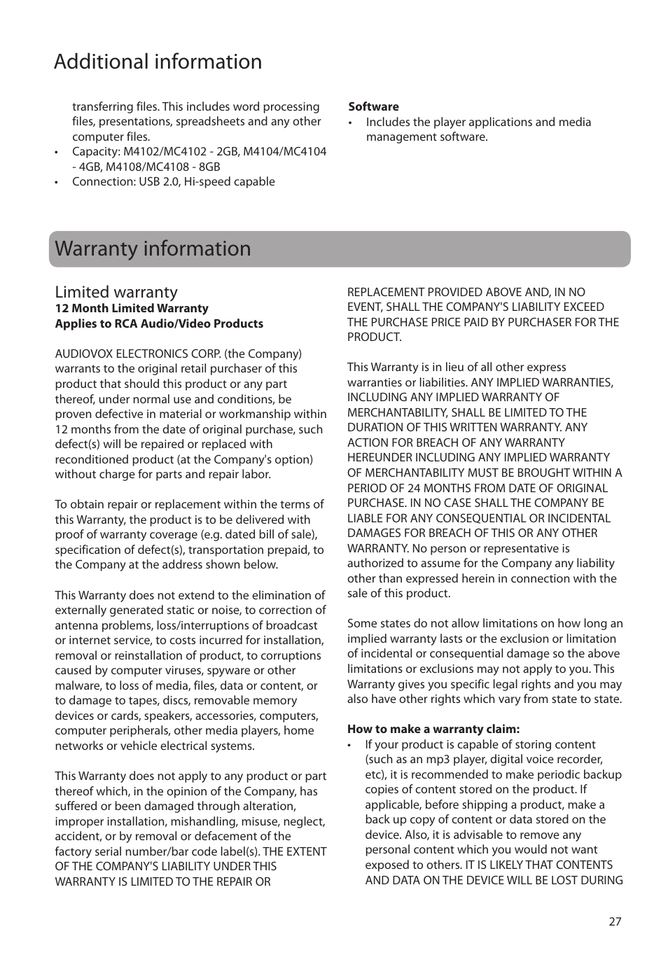 Warranty information, Additional information, Limited warranty | RCA M4102 User Manual | Page 27 / 29
