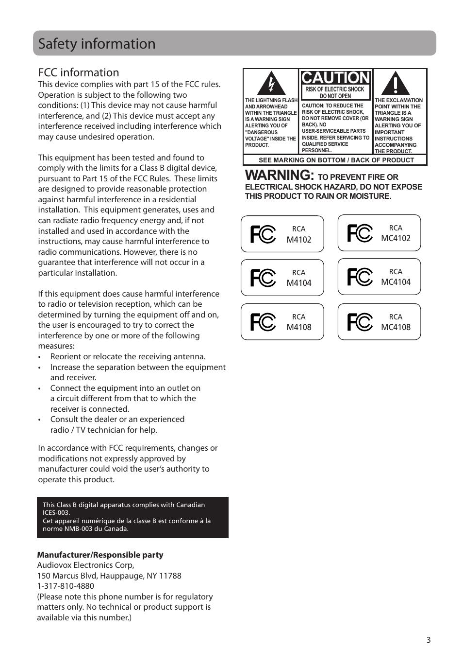 Safety information, Fcc information, Caution | Warning | RCA M4102 User Manual | Page 3 / 29