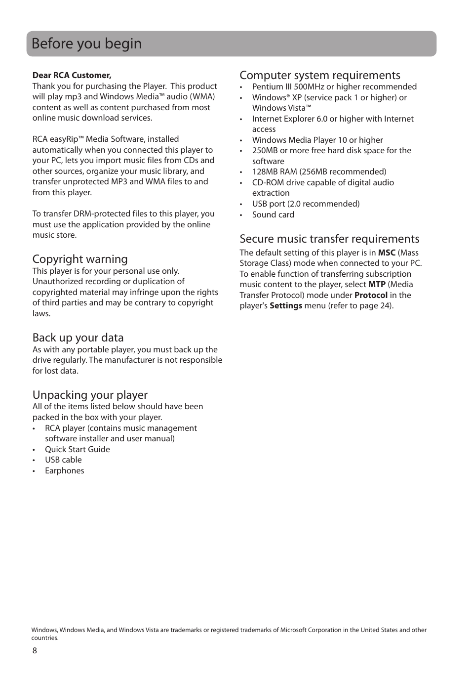 Before you begin, Copyright warning, Back up your data | Unpacking your player, Computer system requirements, Secure music transfer requirements | RCA M4102 User Manual | Page 8 / 29