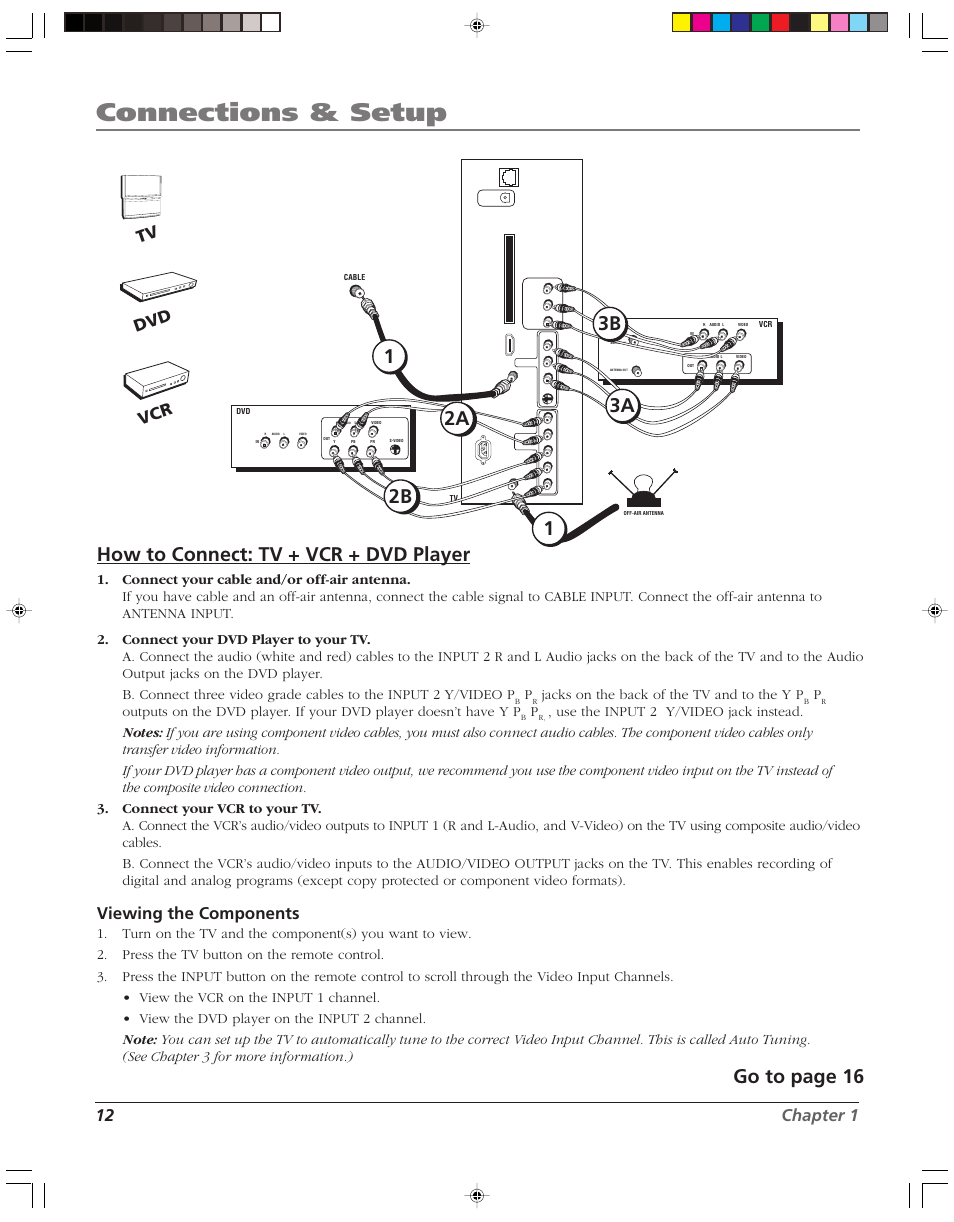 Connections & setup, How to connect: tv + vcr + dvd player, Go to page 16 | 12 chapter 1, Viewing the components, Vcr dvd tv, Jacks on the back of the tv and to the y p, Menu ch ch vo l — vol + pow er | RCA HD52W56 User Manual | Page 14 / 80